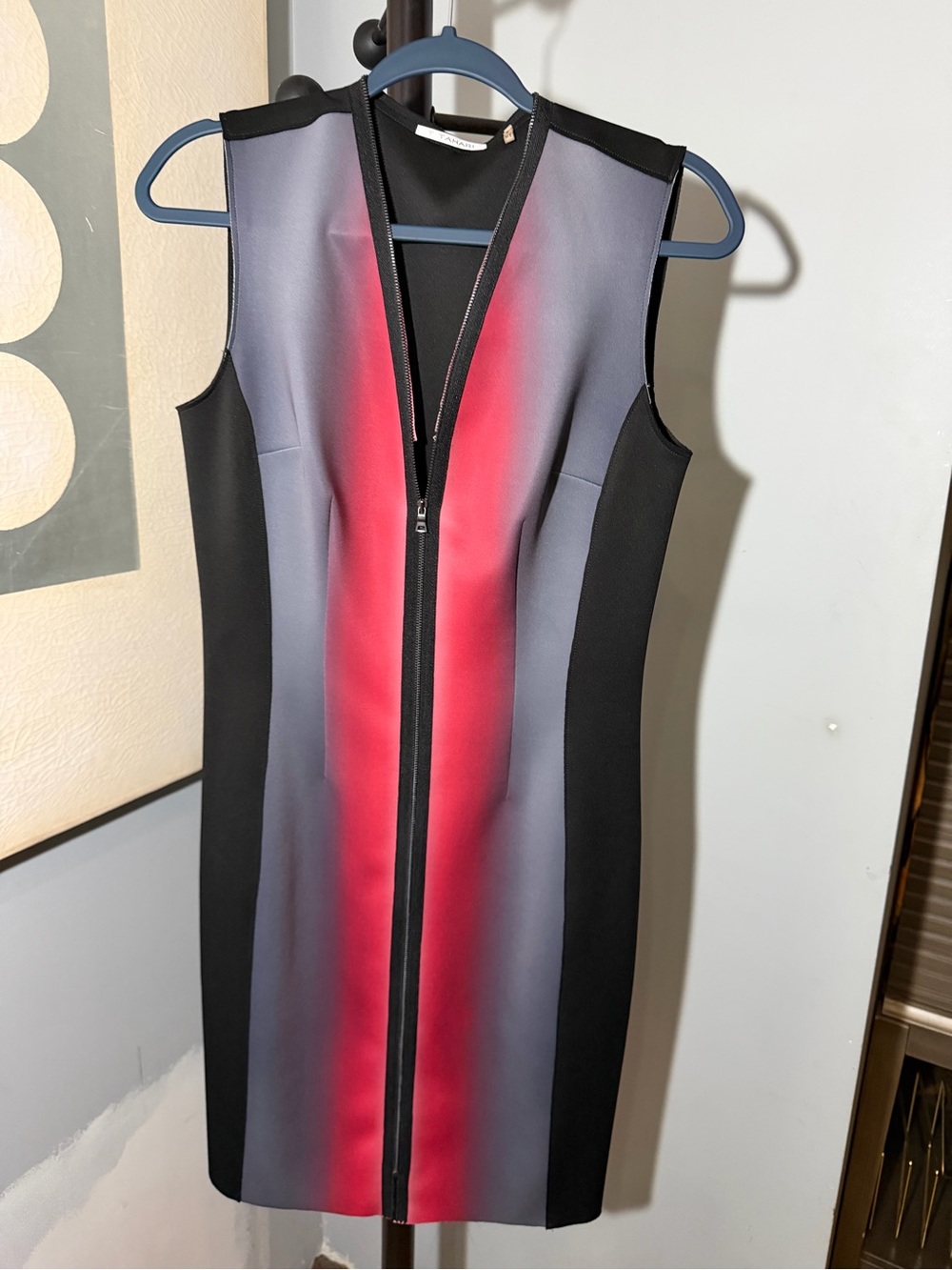 T Tahari Black, Gray & Red Zip-Front Sheath Dress